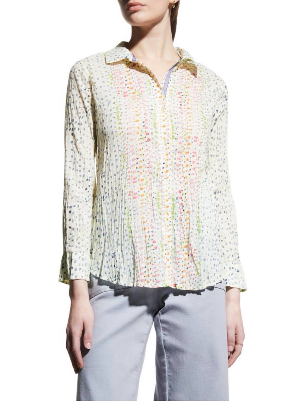 NWT NIC+ZOE White Multicolor Dot Pleated Button-Down Shirt